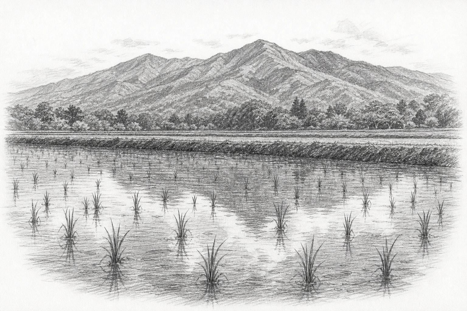 水を張った田に植えられて間もない早苗がまばらな列を作り、あぜ道の奥に低い山が連なる種蒔きの季節の景色を、昭和文芸誌の手描き挿絵風に描いたモノクロ鉛筆の情景画