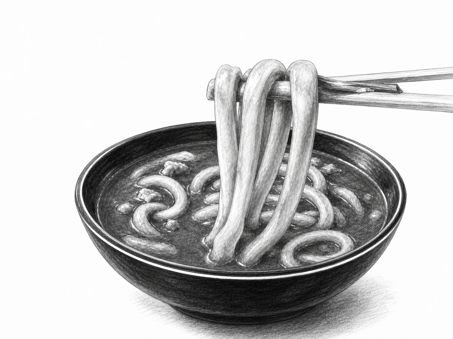 黒い縁に白い細帯の入った丼から、太さの揃わない黄色い平打ちの手打ち麺を白木の箸で持ち上げ、濃いカレーだしがとろみのまま麺を伝い、牛肉の細切れと青ねぎの一片が絡んでいる一瞬を、昭和文芸誌の手描き挿絵風に描いたモノクロ鉛筆の一枚