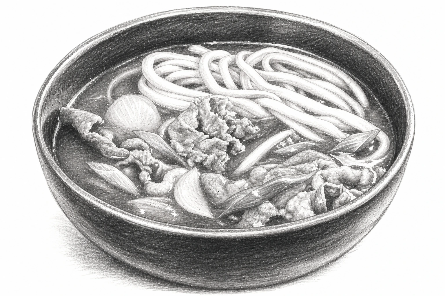 黒い厚手の丼に濃いカレーだしを張り、太さの揃わない黄色い平打ちの手打ち麺を盛り、牛肉の細切れと刻んだ青ねぎ、淡く透ける薄切りの具をのせた手つかずの一杯を、昭和文芸誌の手描き挿絵風に描いたモノクロ鉛筆の一枚