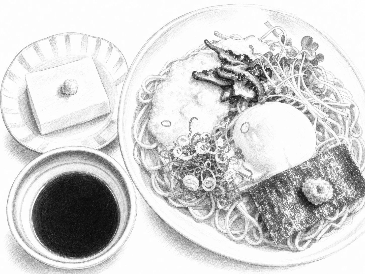 白い広縁の大鉢に冷たいそばを盛り、長芋のとろろと丸い温泉玉子、椎茸の甘辛煮、貝割れと刻んだ葱をのせ、焼のりを一枚立てかけ、脇に別椀のつゆと小皿のごま豆腐を置いた一膳を、昭和文芸誌の手描き挿絵風に描いたモノクロ鉛筆の一枚