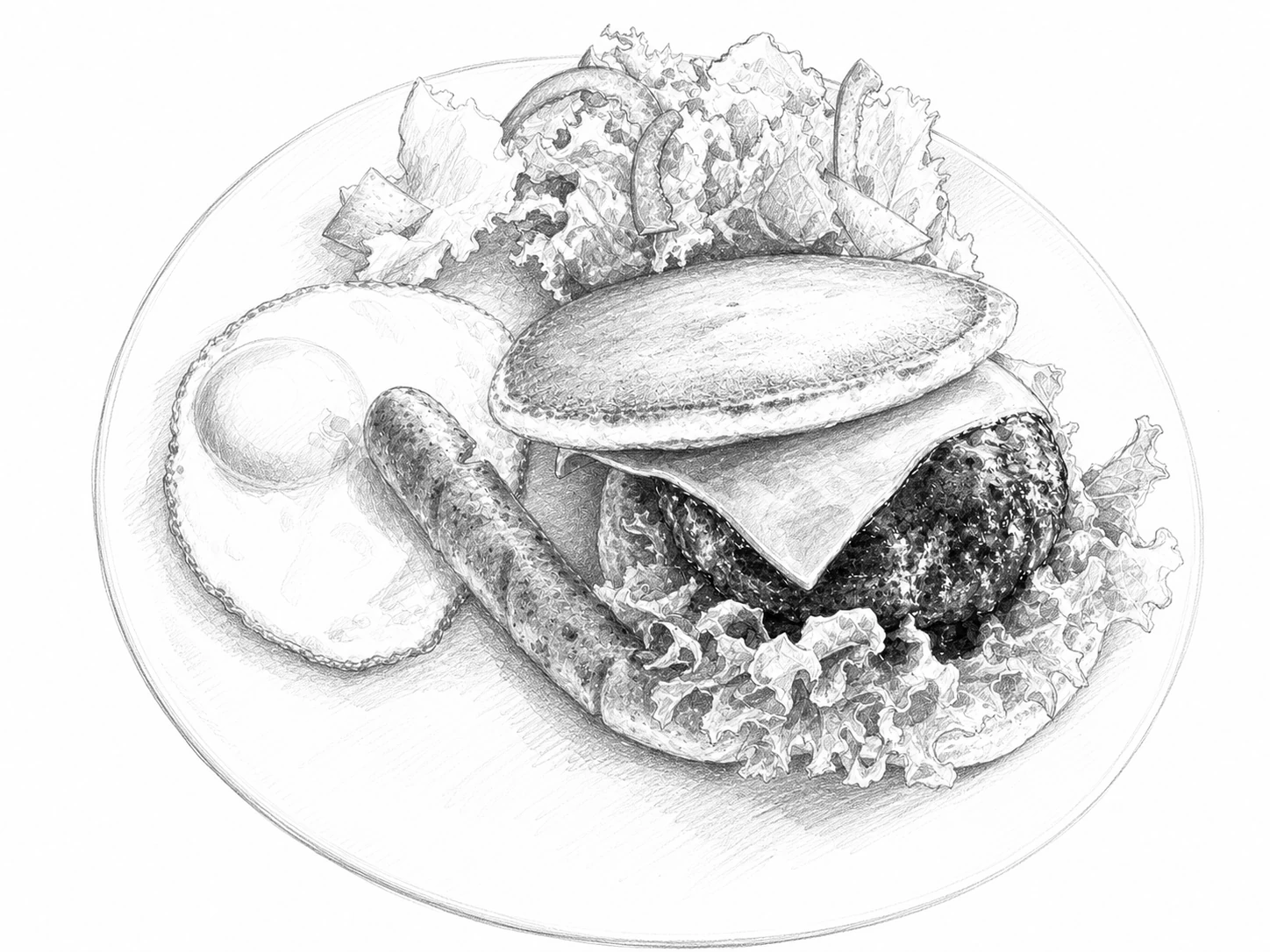 薄い桃色の丸皿に、パンケーキで挟んだチーズとハンバーグ、下に敷いたレタス、脇に目玉焼きと一本のウインナー、奥に葉と赤い実のサラダを盛った一皿を、昭和文芸誌の手描き挿絵風に描いたモノクロ鉛筆の一枚