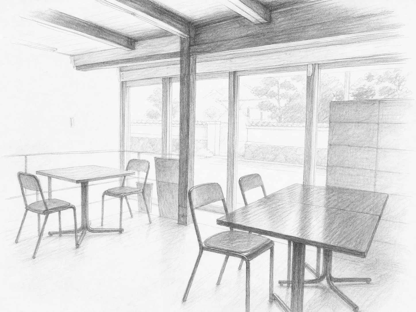 黒い梁を低く渡した天井と、大きなガラスの引き戸の向こうに見える石積みの上の白壁の塀と刈り込んだ松、厚い天板の卓と背の低い椅子が並ぶ町家の客席を、昭和文芸誌の手描き挿絵風に描いたモノクロ鉛筆の一枚
