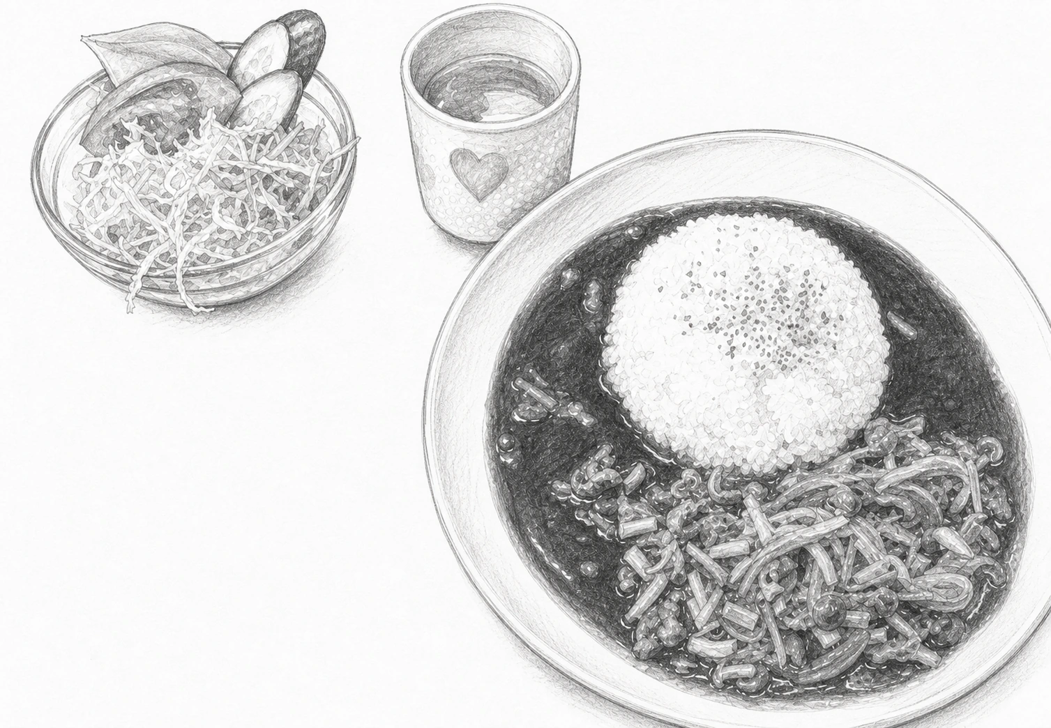 白い丸皿に盛った生野ハヤシライス(飯の小さな山と、きのこ・玉ねぎ・牛肉の入った濃い茶色のソース、パセリ)に、細切り野菜のサラダとハート模様の湯呑の緑茶を添えた手つかずの一膳を、昭和文芸誌の手描き挿絵風に描いた料理画