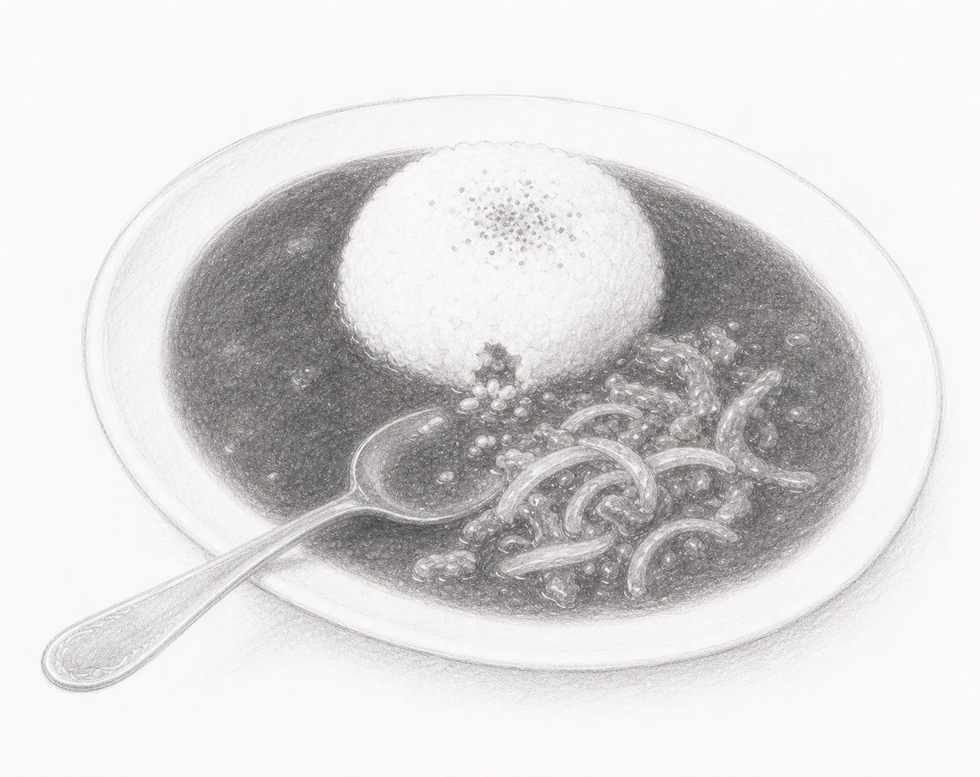 白い丸皿に盛った生野ハヤシライスを、やや低い斜めから見た食べかけの一皿として、銀の匙を皿の手前の縁に置き、飯の裾を一口分すくい崩した様子を、昭和文芸誌の手描き挿絵風に描いた一枚