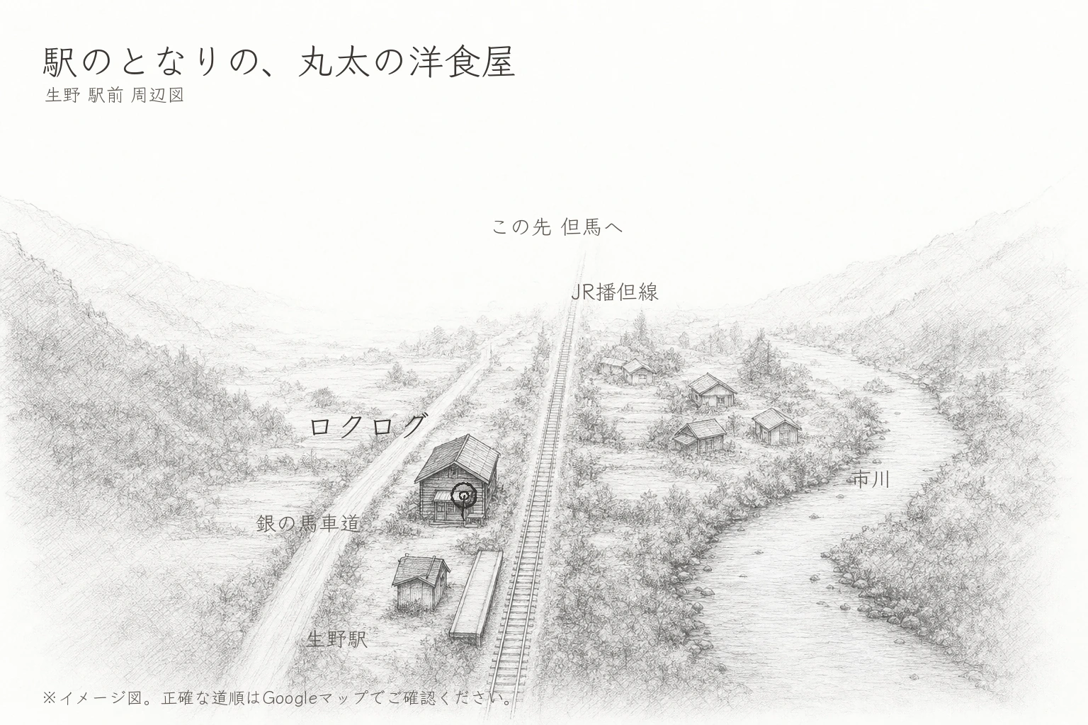 生野駅とJR播但線、市川、国道312号（銀の馬車道）に囲まれた口銀谷の街中と、線路のきわに建つロクログまでを、手描き鉛筆スケッチ風に描いたイメージ地図