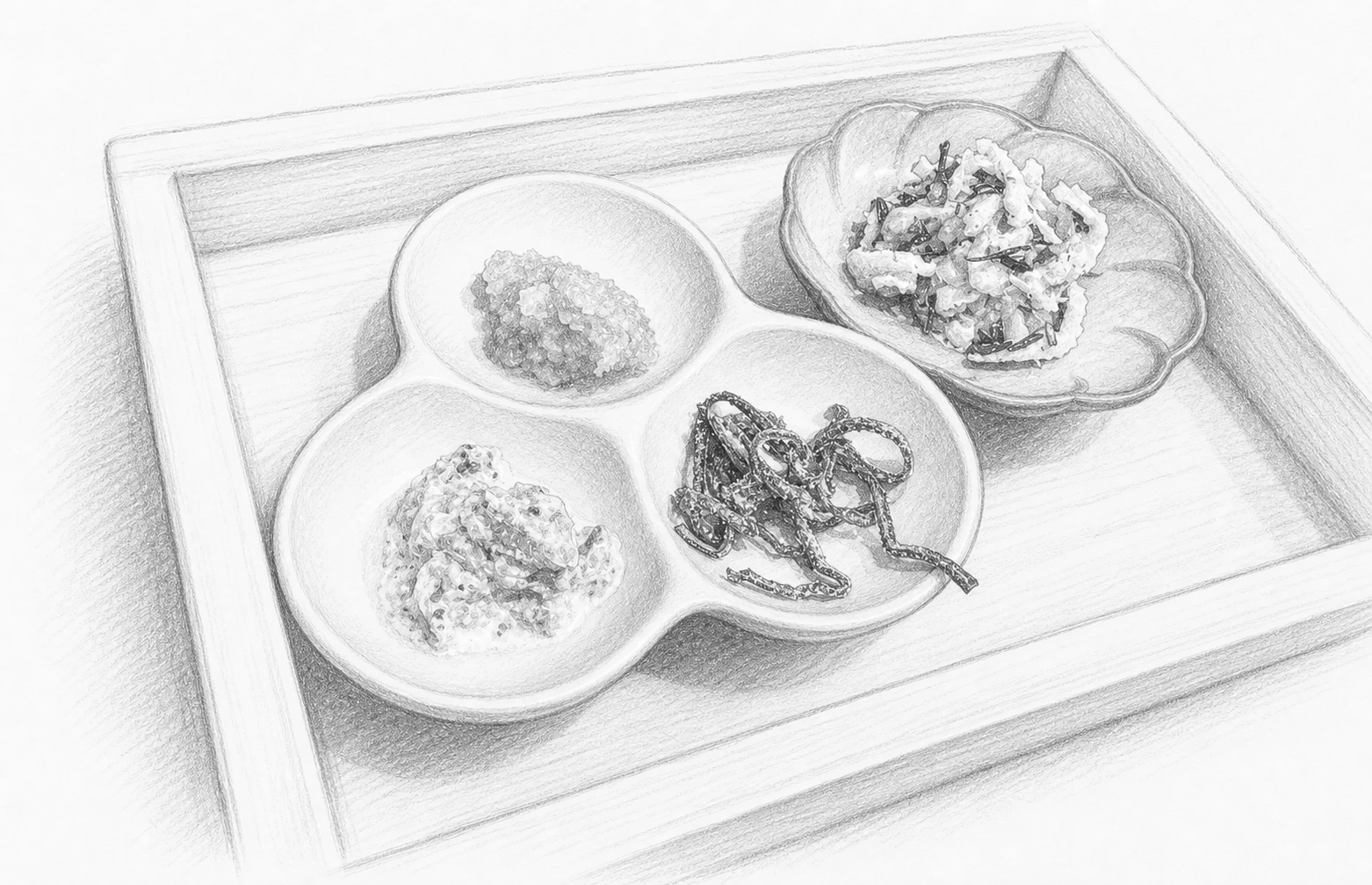 白木の浅い重におさめた三つ葉の形の白い豆皿に、粒立った赤い大根おろし、崩れた白い和えもの、糸のように絡む黒い塩昆布を盛り分け、右奥に葉の形の小鉢を添えた味変三種を、昭和文芸誌の手描き挿絵風に描いたモノクロ鉛筆の一枚