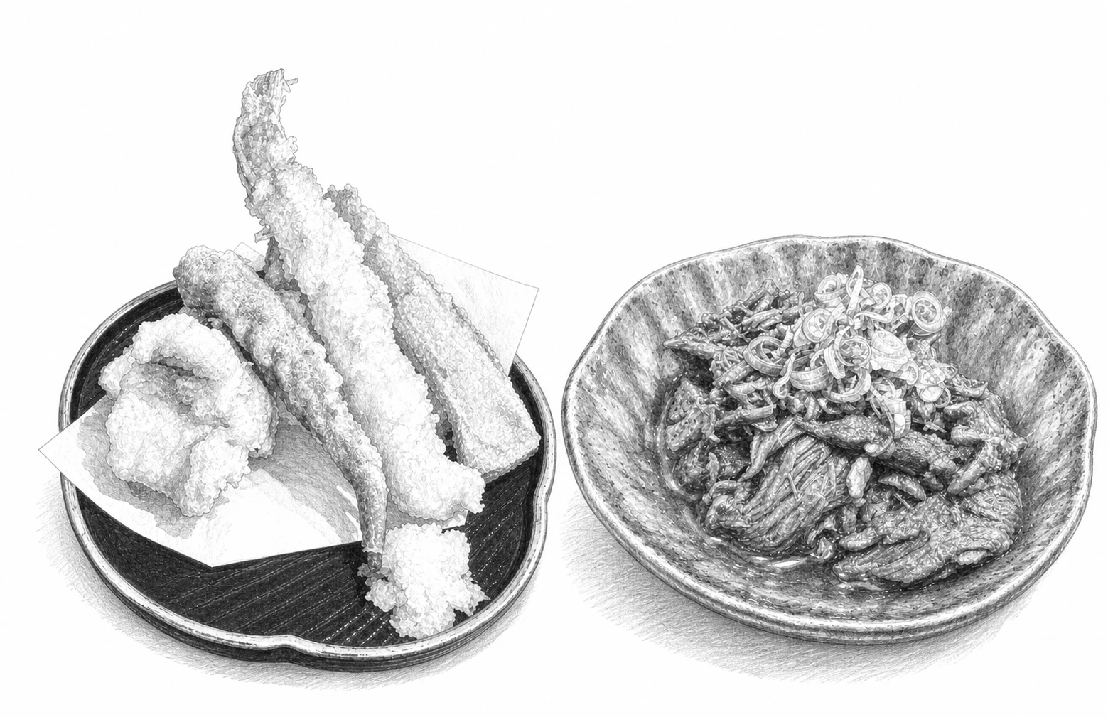 黒い丸皿に、立てた海老と細長い青い実、黄色い実の一切れ、衣をまとった輪をのせ、隅に大根おろしを寄せた天ぷらと、飴色の厚手の鉢にほぐれた牛すじを盛って青ねぎを散らした煮込みを、盆を描かずに横へ二つ並べ、昭和文芸誌の手描き挿絵風に描いたモノクロ鉛筆の一枚