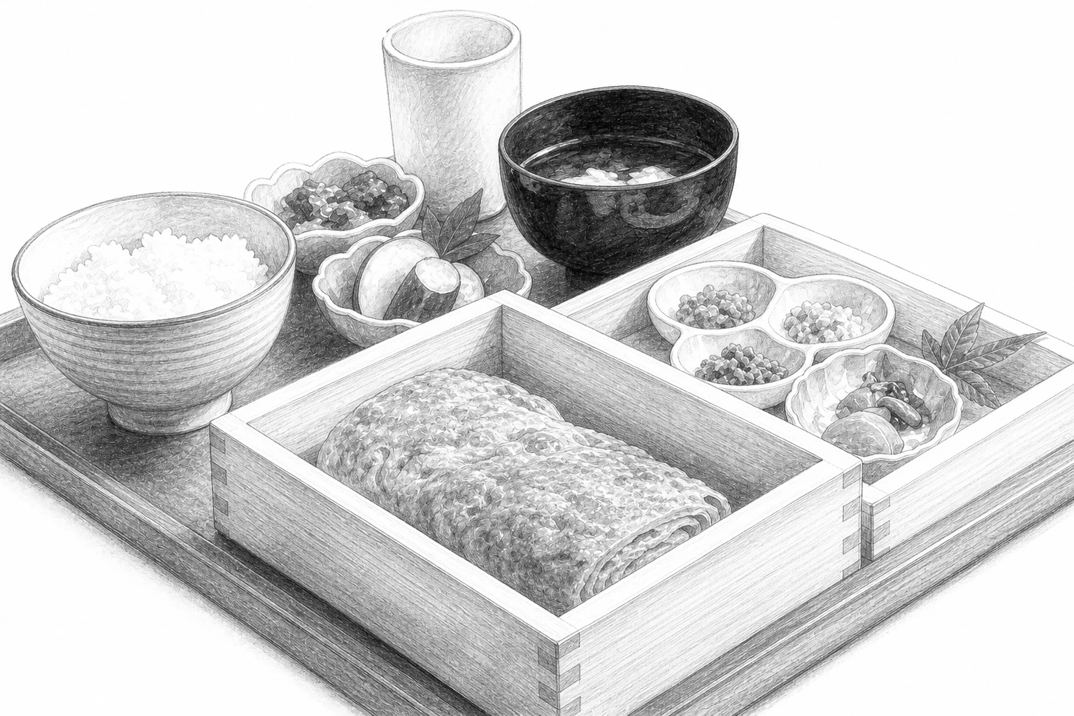 朱の盆に、白い飯の椀と、赤い漆の椀の汁、白い湯呑、小鉢を二つ並べ、かたわらの白木の浅い箱に、だし巻き玉子を一本と、三つ仕切りの豆皿の味変三種、香の物の小鉢をおさめた一膳を、昭和文芸誌の手描き挿絵風に描いたモノクロ鉛筆の一枚